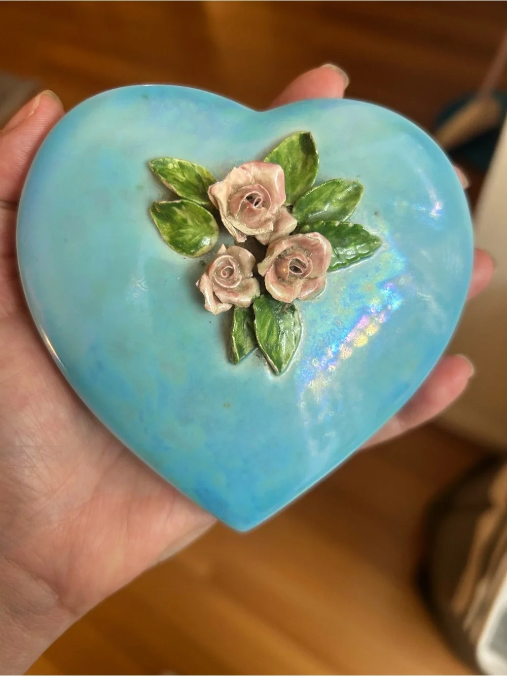 Vintage “Signed Anne” AB Coating Heart Floral Trinket Box